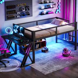 Whisen - Gaming Loft Bed with Desk, RGB LED & USB Ports, Metal Frame Workstation for Dorm & Bedroom - Black