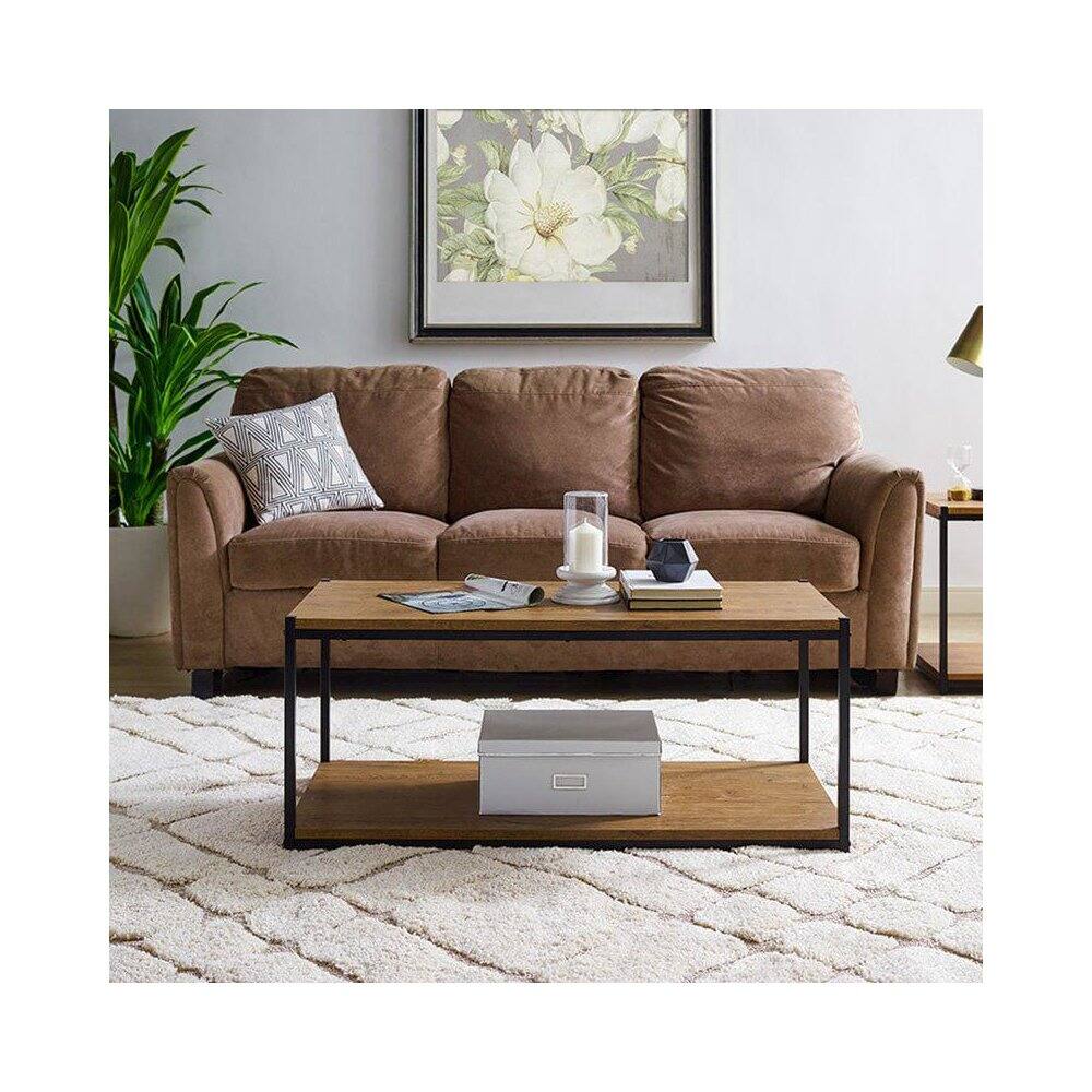Back. Caffoz - Storage Shelf Wood Center Coffee Table With Metal Frame In Oak Brown - Brown.