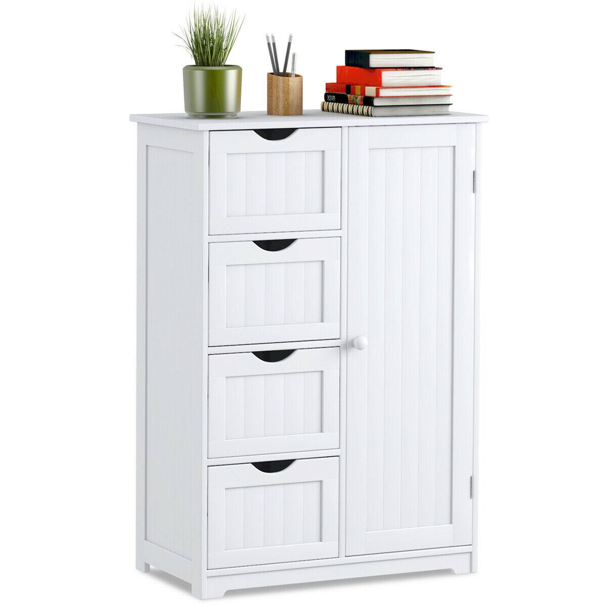 Costway - Wooden 4 Drawer Bathroom Cabinet Storage Cupboard 2 Shelves Free Standing - White