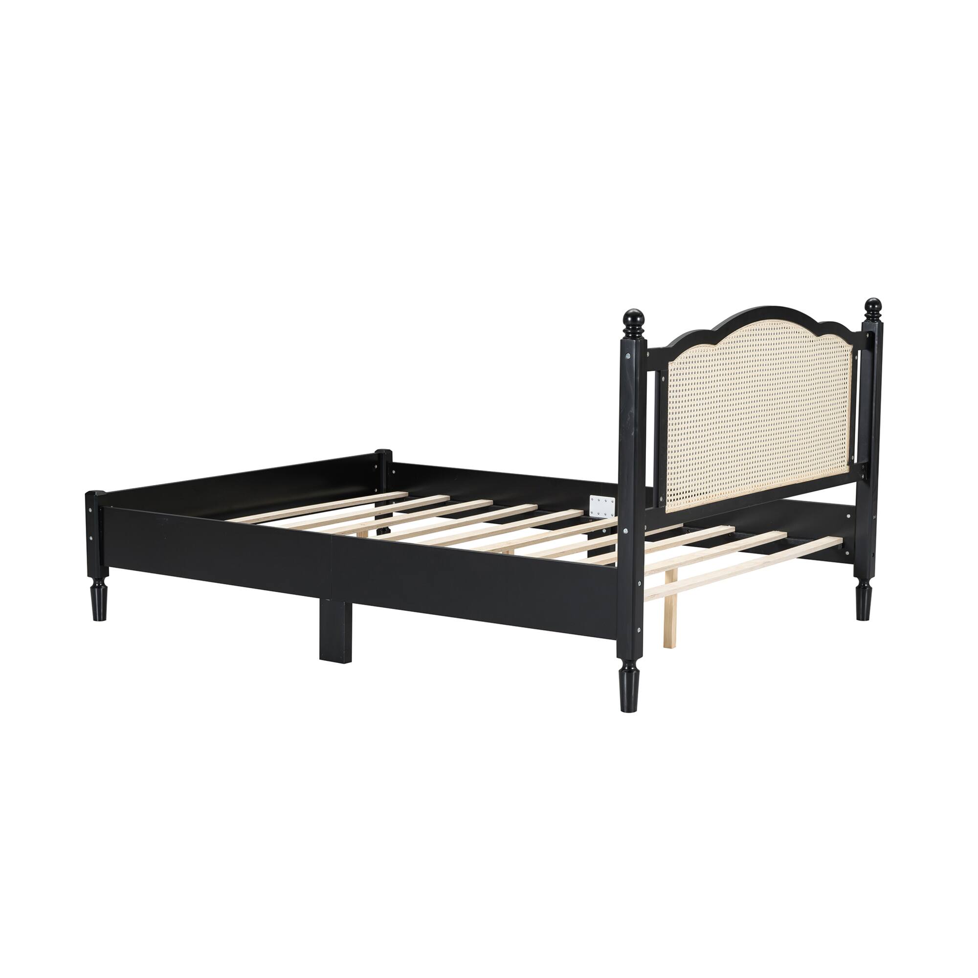 Alt View 2. GOODSILO - Vintage Rattan Headboard Queen Size Platform Bed Frame with Wooden Slat Support - Black.