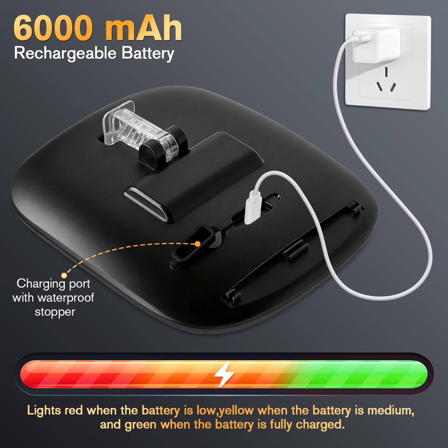 6000 mAh Rechargeable Battery

Charging port with waterproof stopper

Lights red when the battery is low, yellow when the battery is medium, and green when the battery is fully charged.