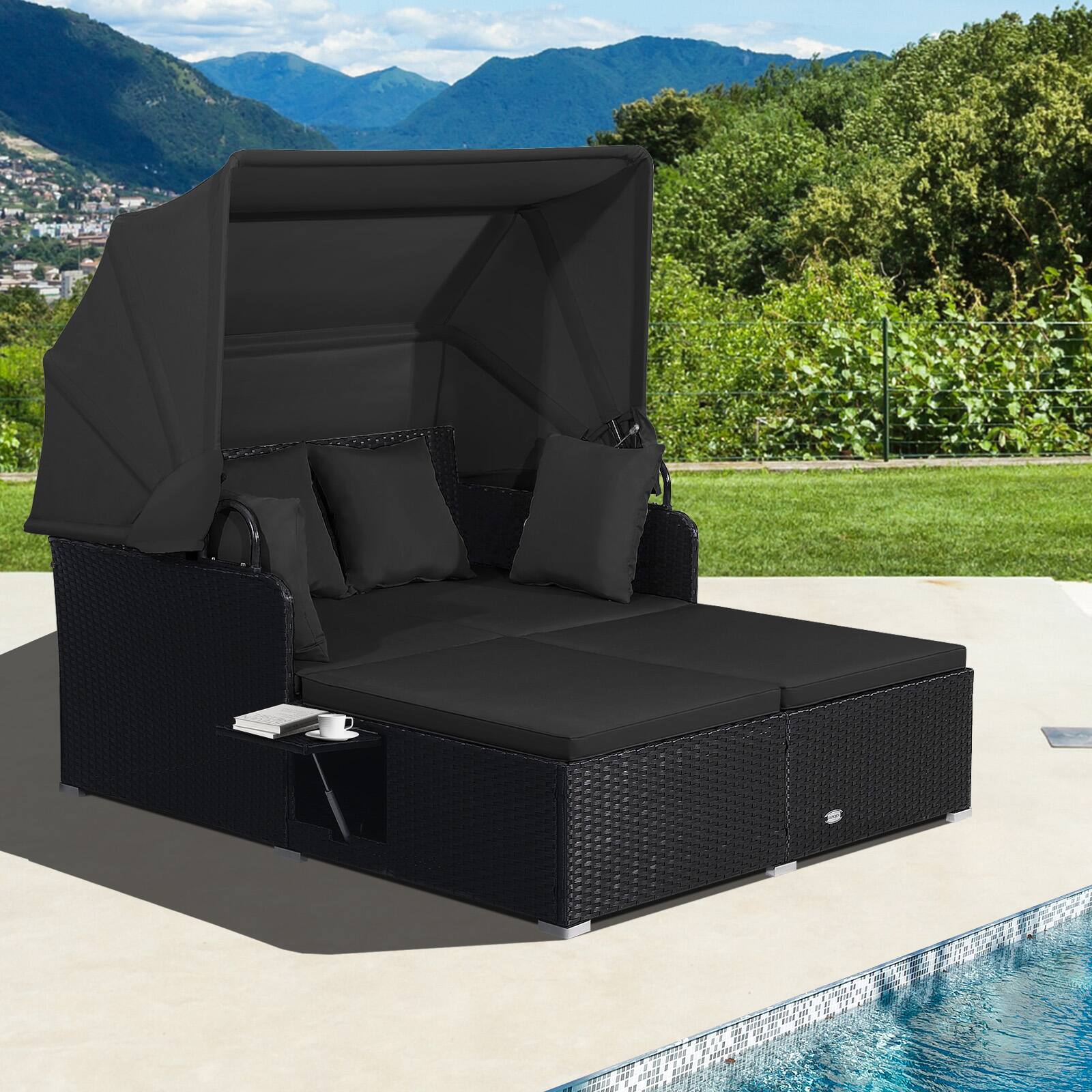 Front. Gymax - Gymax Patio Rattan Daybed Lounge Retractable Top Canopy Side Tables Cushions Beige Outdoor - Black.