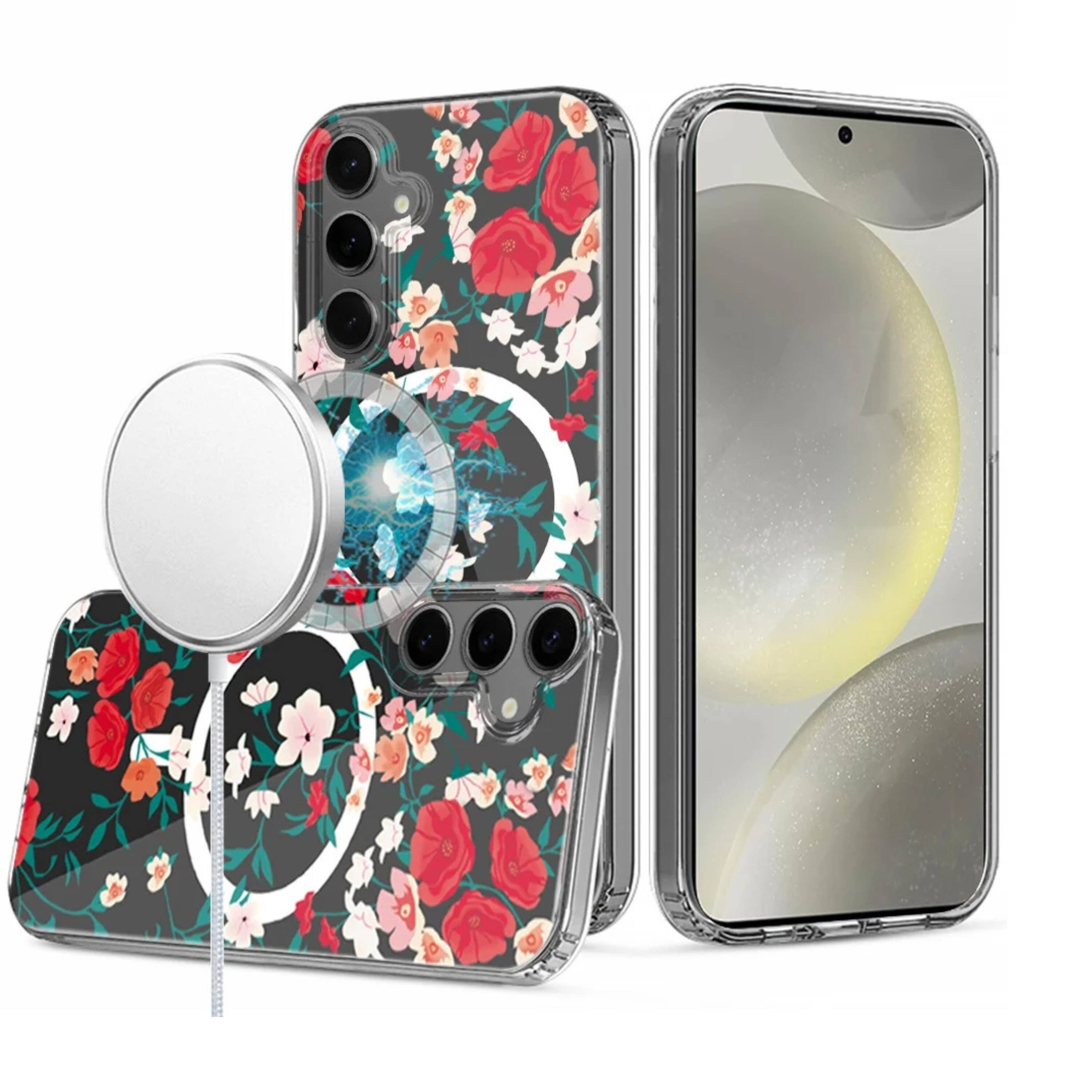 Front. Kitcheniva - Clear Floral Magnetic Circle Hybrid Phone Case With Tempered Glass For Samsung S25 Plus S24 Plus Red Flowers - Multicolor.