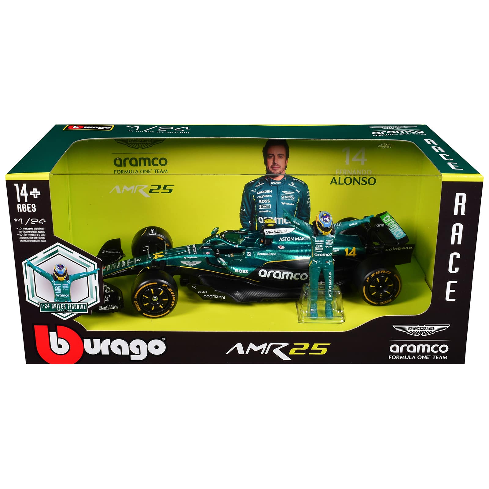 "Aston Martin AMR25 #14 ""Aramco"" F1 ""World Championship"" (2025) with Driver Figure 1/24 Diecast Model Car by Bburago" price history on PriceWatchPro