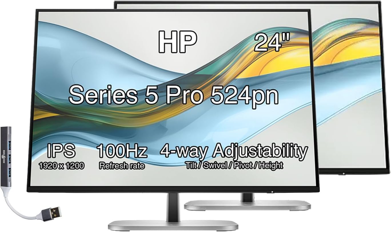 HP  
24"  
Series 5 Pro 524pn  
IPS 100Hz 4-way Adjustability  
1920 x 1200 Refresh rate  
Tilt/Swivel/Pivot/Height