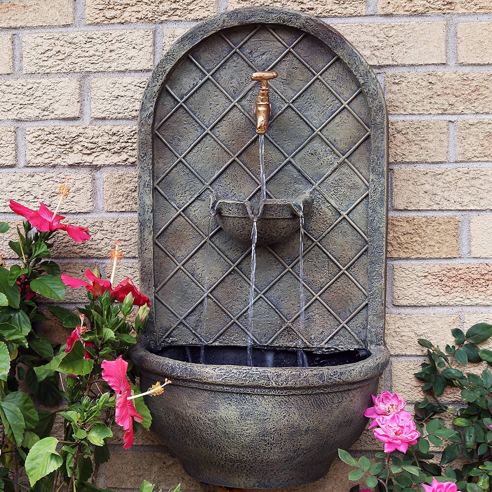 Alt View 4. Sunnydaze - Messina Polystone Outdoor Solar Wall Fountain - Florentine Stone.