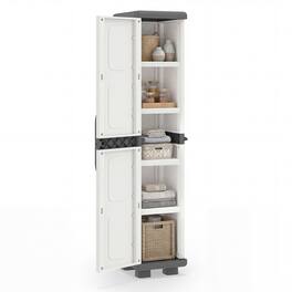 Costway - Slim Storage Cabinet with Single Door, Plastic Kitchen Pantry with 4 Shelves - Gray and White