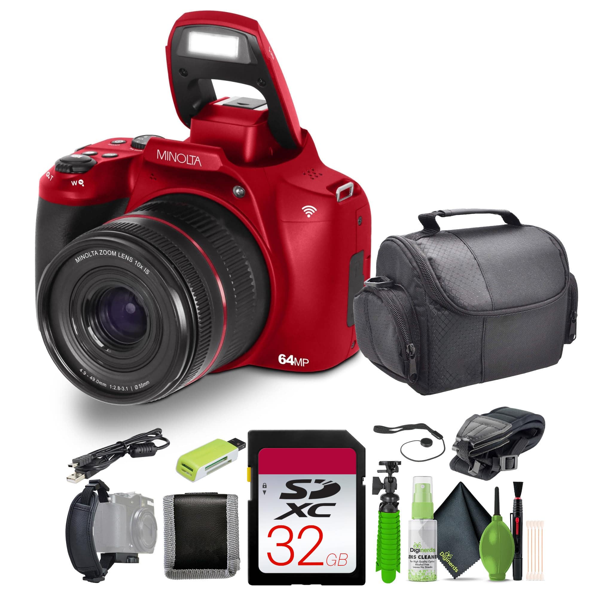 Minolta - 64 Mega Pixels Auto Focus Digital Camera 4K Ultra HD Video -Bundle - Red