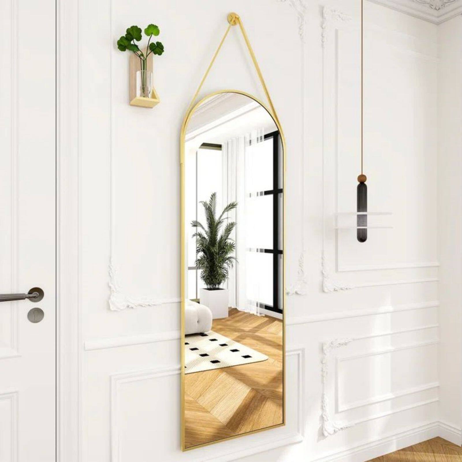 Left. HOMLUX - Arched Wall Mirror Gold Aluminum Alloy Frame Decorative Wall Mounted for Bathroom Entryway Bedroom.