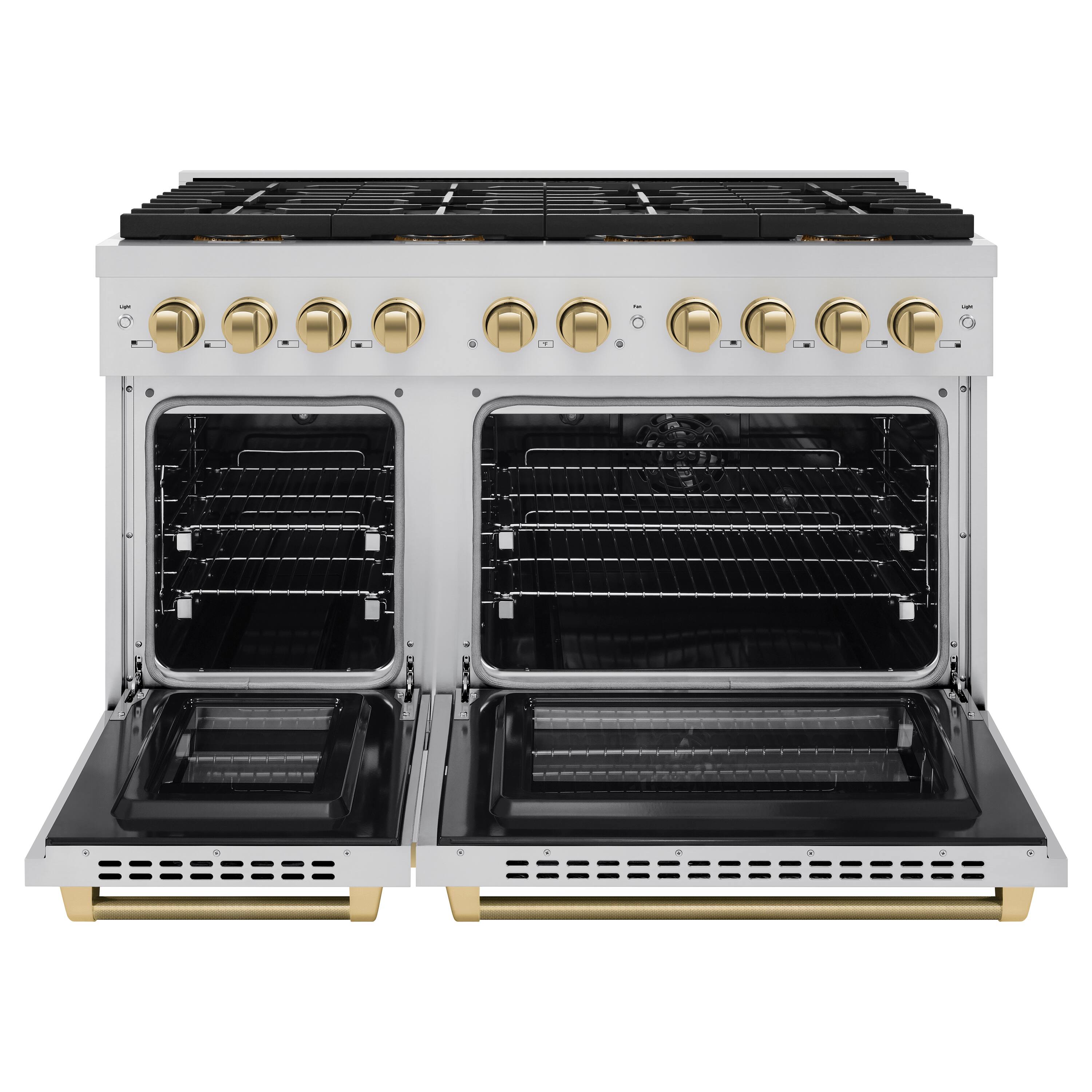 Angle. ZLINE - Autograph 48 in. 6.7 cu. ft. Freestanding Paramount DuoPro Dual Fuel Range in Stainless Steel with Bronze Helix Handles - Stainless Steel.