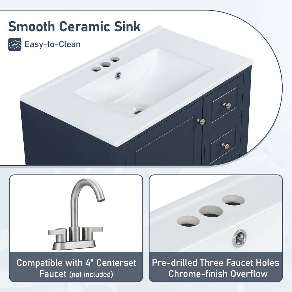 Smooth Ceramic Sink  
Easy-to-Clean  

Compatible with 4" Centerset Faucet (not included)  
Pre-drilled Three Faucet Holes  
Chrome-finish Overflow