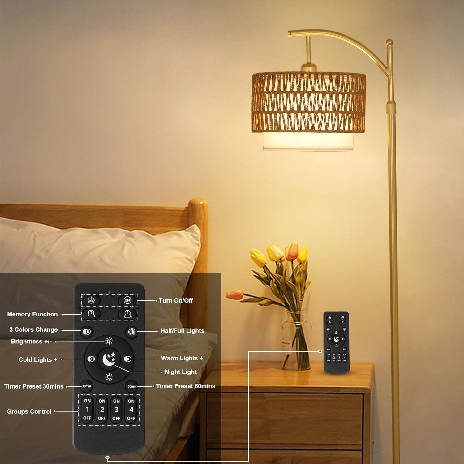 - Turn On/Off
- Memory Function
- 3 Colors Change
- Brightness +/-
- Cold Lights +
- Warm Lights +
- Night Light
- Timer Preset 30mins
- Timer Preset 60mins
- Groups Control
  - CN 1 ON
  - CN 2 ON
  - CN 3 ON
  - CN 4 OFF
- Half/Full Lights