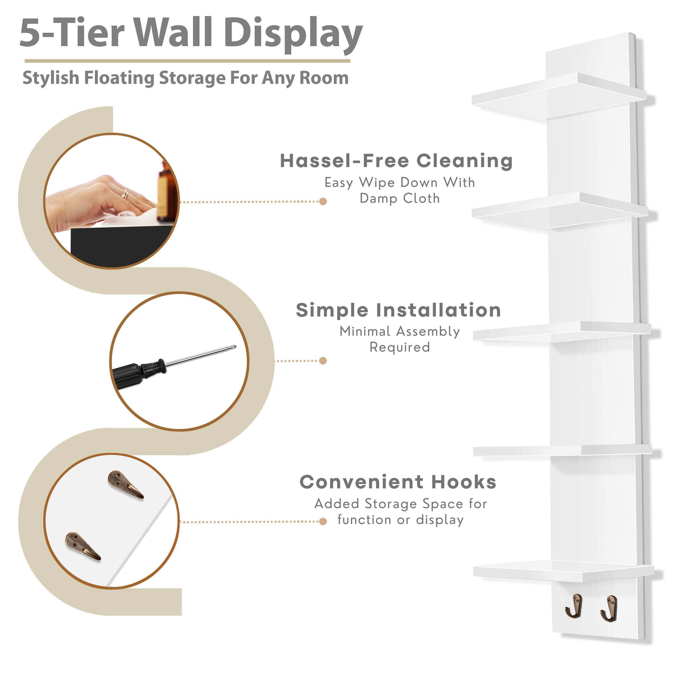 5-Tier Wall Display, Stylish Floating Storage For Any Room, Hassel-Free Cleaning, Easy Wipe Down With Damp Cloth, Simple Installation, Minimal Assembly Required, Convenient Hooks, Added Storage Space for function or display