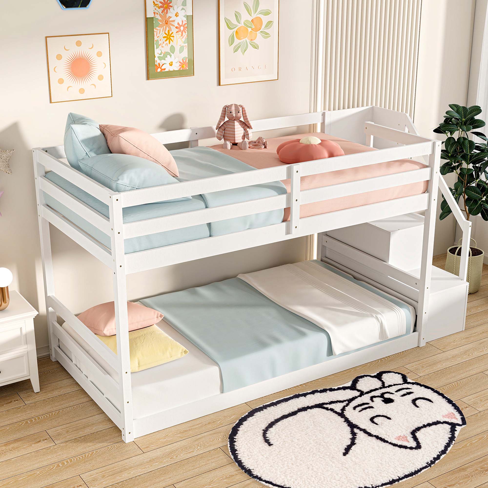 Alt View 5. Costway - Costway Twin Over Twin Low Bunk Bed Solid Wood Floor Bunk Bed Frame with Storage Stairs - White.