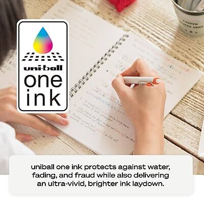 uni-ball one ink protects against water, fading, and fraud while also delivering an ultra-vivid, brighter ink laydown.