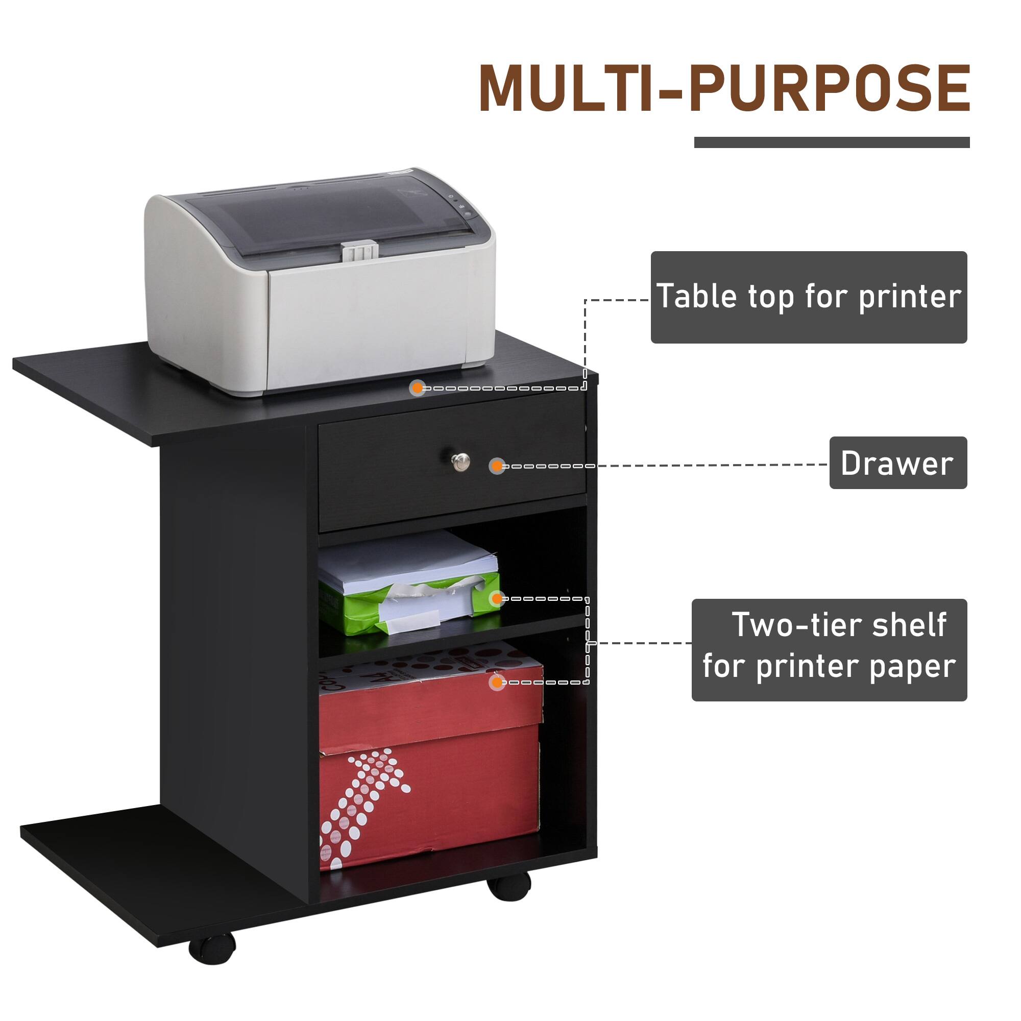 MULTI-PURPOSE
Table top for printer
Drawer
Two-tier shelf for printer paper