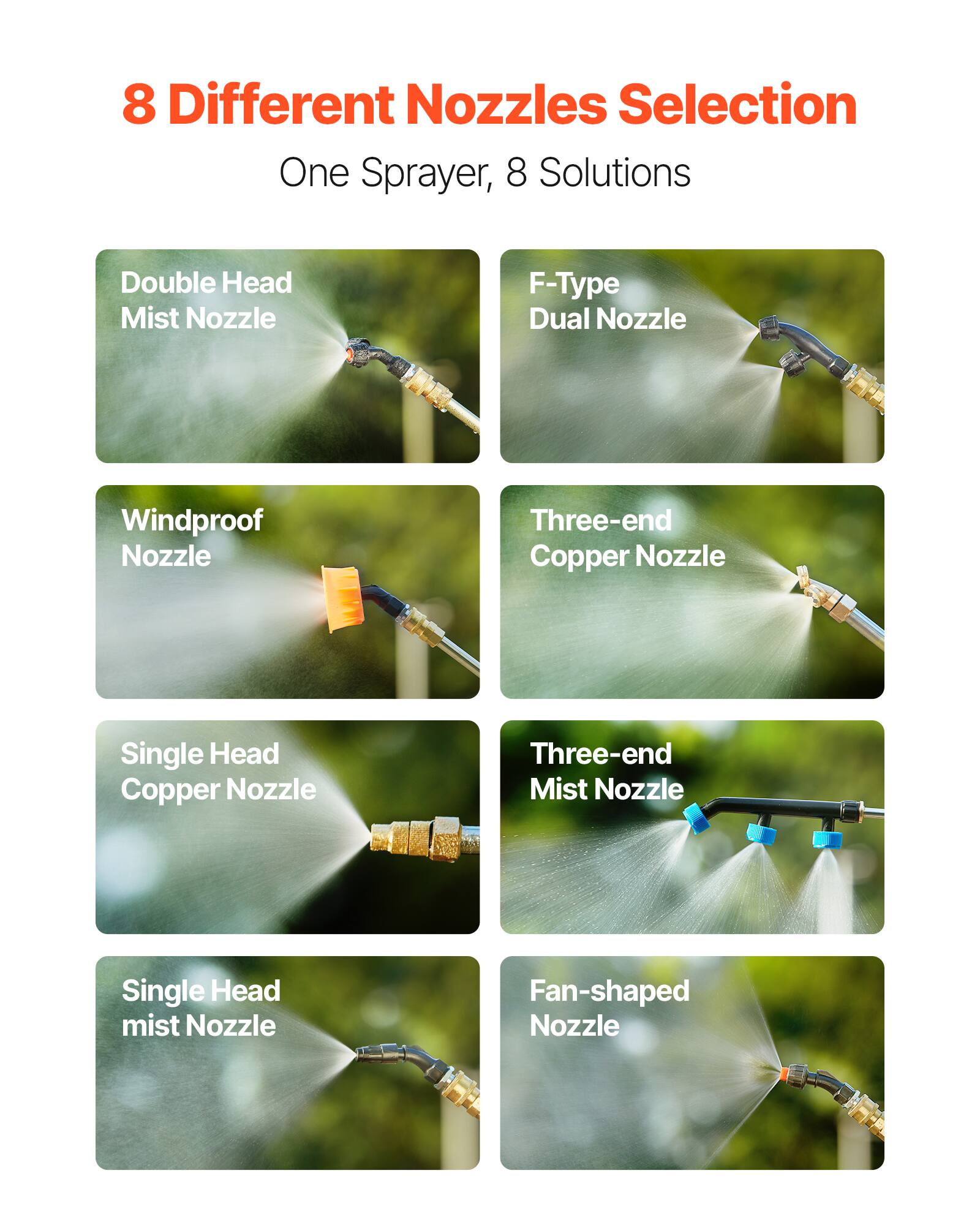 8 Different Nozzles Selection One Sprayer, 8 Solutions
Double Head Mist Nozzle
F-Type Dual Nozzle
Windproof Nozzle
Three-end Copper Nozzle
Single Head Copper Nozzle
Three-end Mist Nozzle
Single Head mist Nozzle
Fan-shaped Nozzle