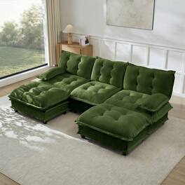 Anysun - 107" U-Shape Cloud Sectional with 2 Ottomans - Modular Chenille Sofa, 3-Seat Deep Design, Lattice-Decor Cushions - Green