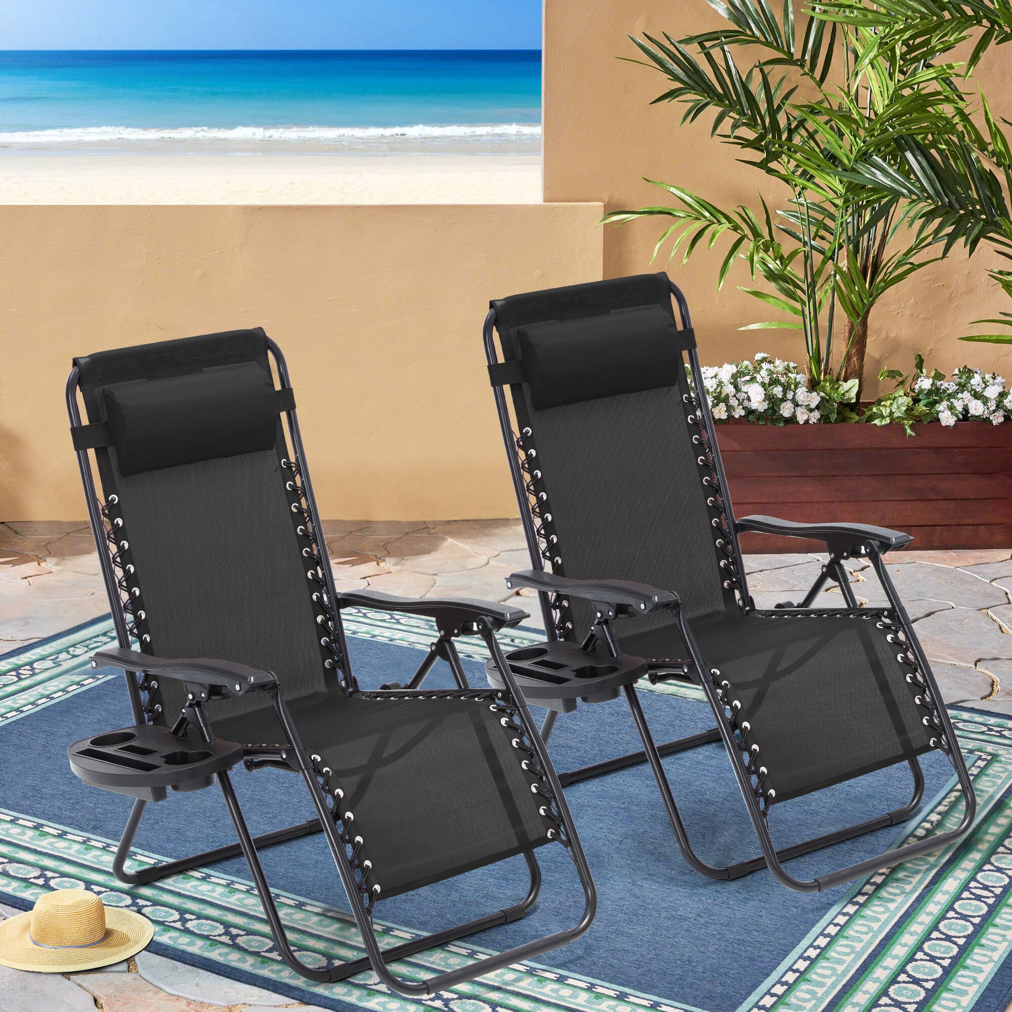 Angle. U-HOMY - Zero Gravity Reclining Lounge Chair Set of 2 Outdoor Folding Recliners with Cup Holder and Weather Resistant Fabric - Black.