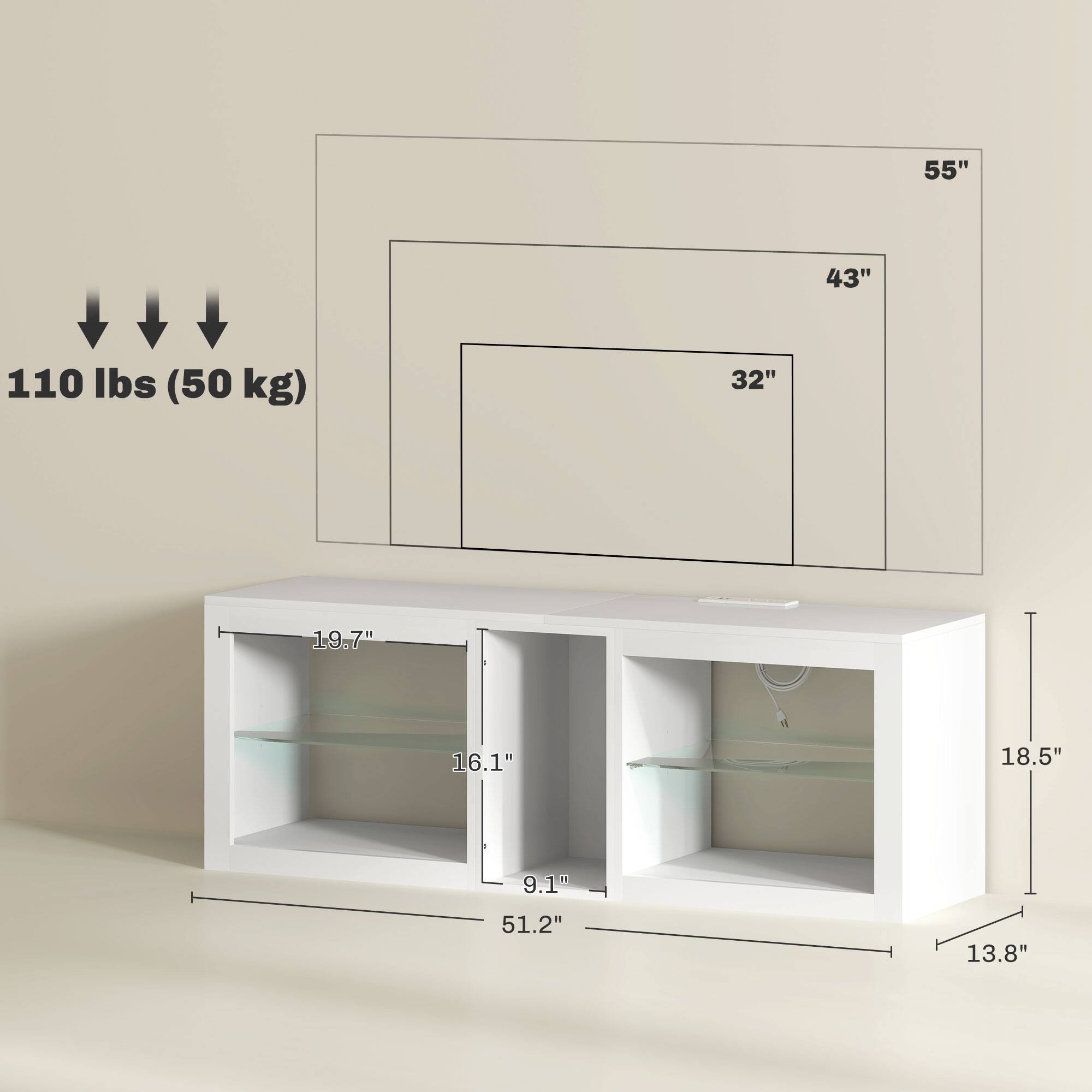 55" 43" 32" 110 lbs (50 kg) 19.7" 16.1" 9.1" 51.2" 18.5" 13.8"