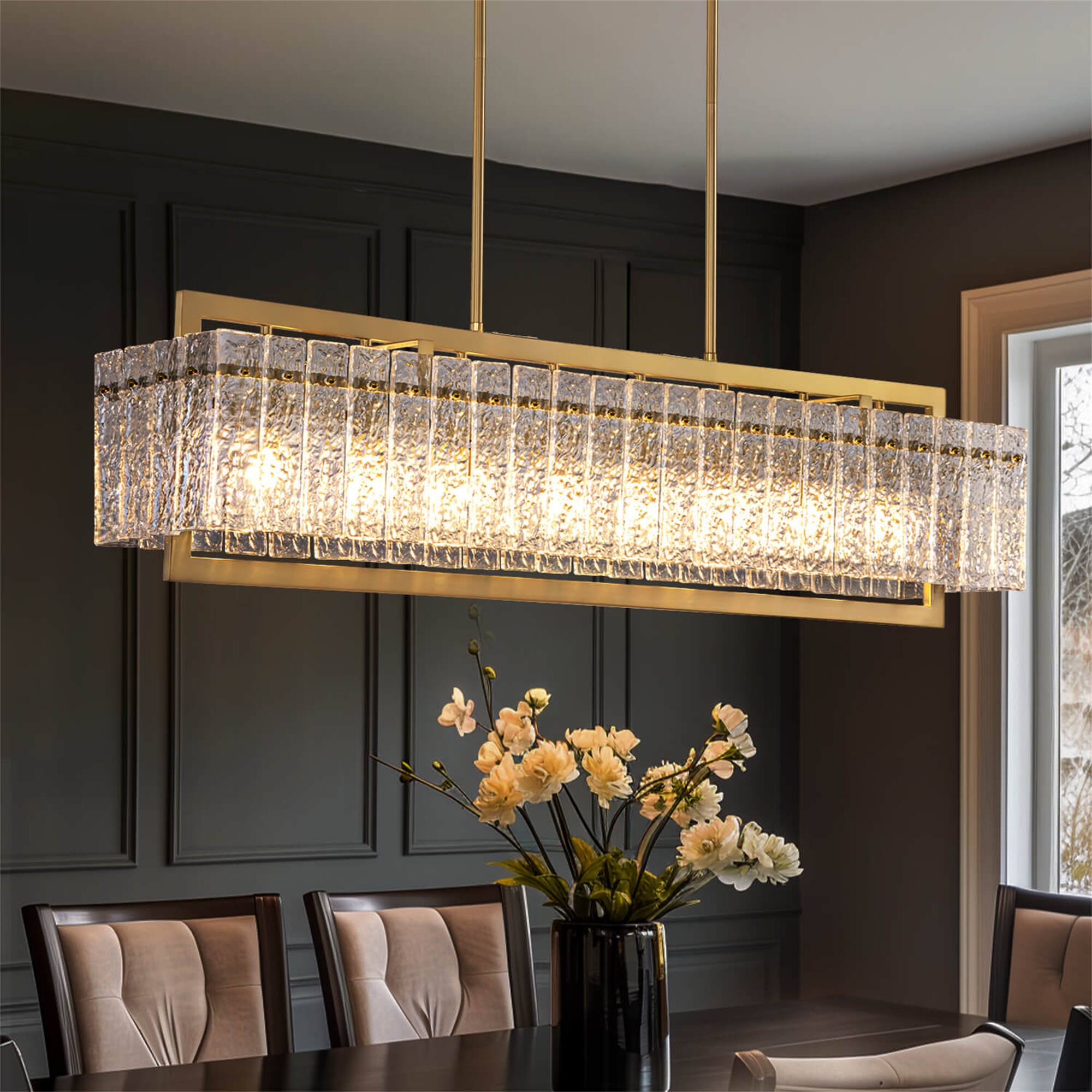 Angle. Siljoy - 49.2-In 8-Light Brass Square Linear Chandelier, Adjustable Cable Iron Pendant Light for Kitchen Island Dining Foyer - Brass.