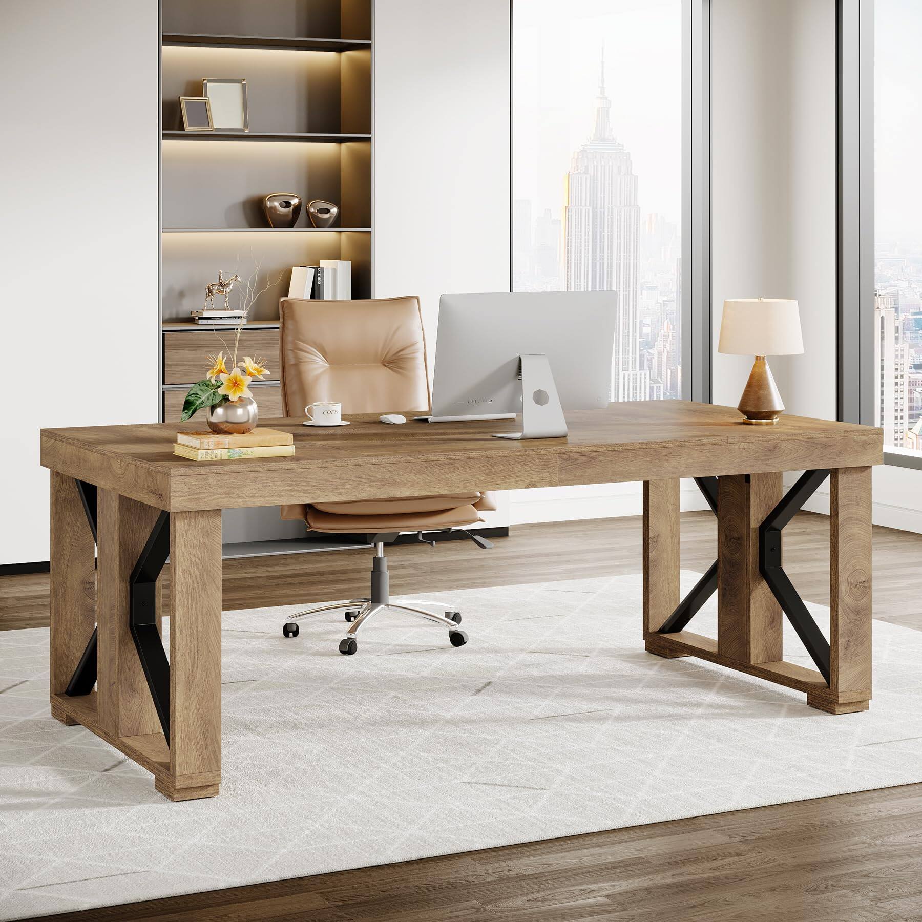 Front. Tribesigns - 70.9-Inch Executive Desk with Double-Pedestal Base and Reinforced Support for Home Office - Brown.