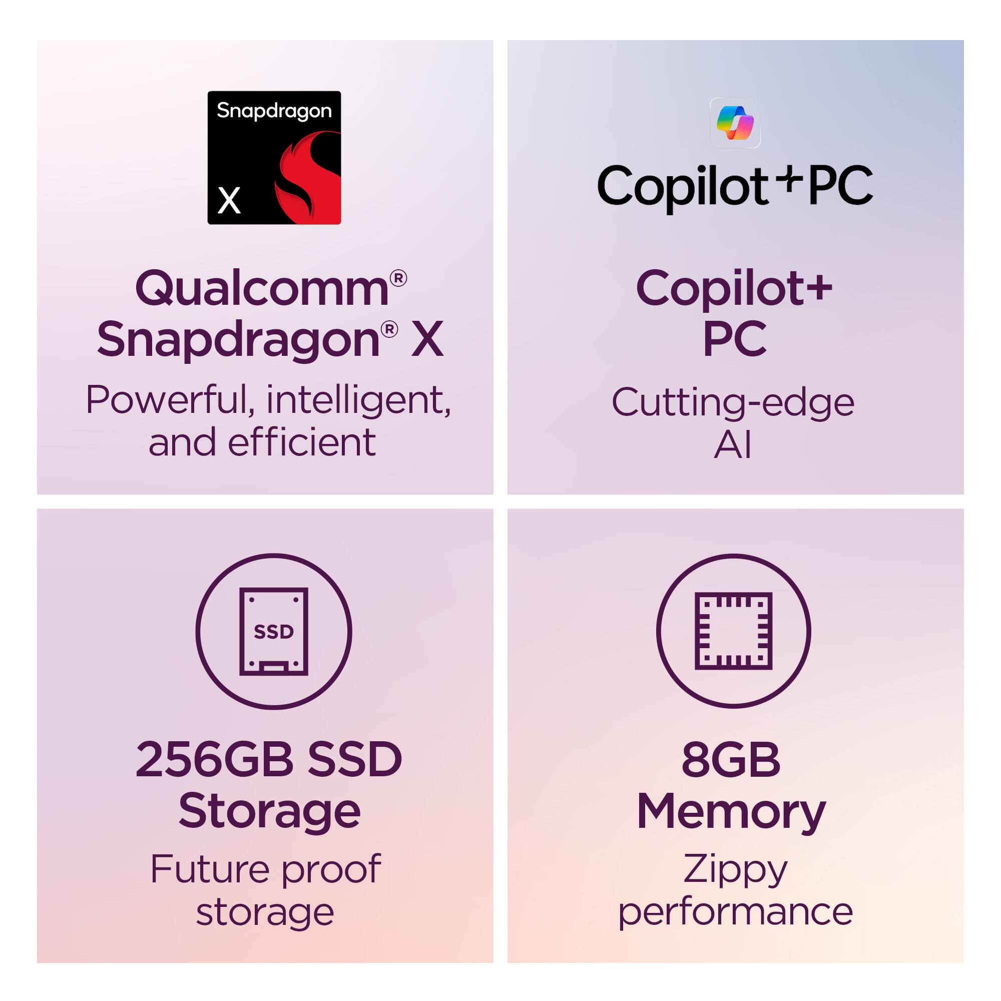 Snapdragon X  
Qualcomm® Snapdragon® X  
Powerful, intelligent, and efficient  

Copilot+PC  
Copilot+ PC  
Cutting-edge AI  

256GB SSD Storage  
Future proof storage  

8GB Memory  
Zippy performance