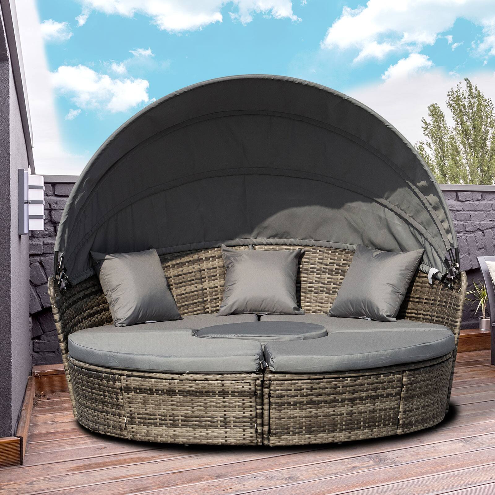 Alt View 1. Outsunny - Round Convertible Daybed with Cushions, Outdoor PE Rattan Patio Wicker Sofa Set - Dark Gray.