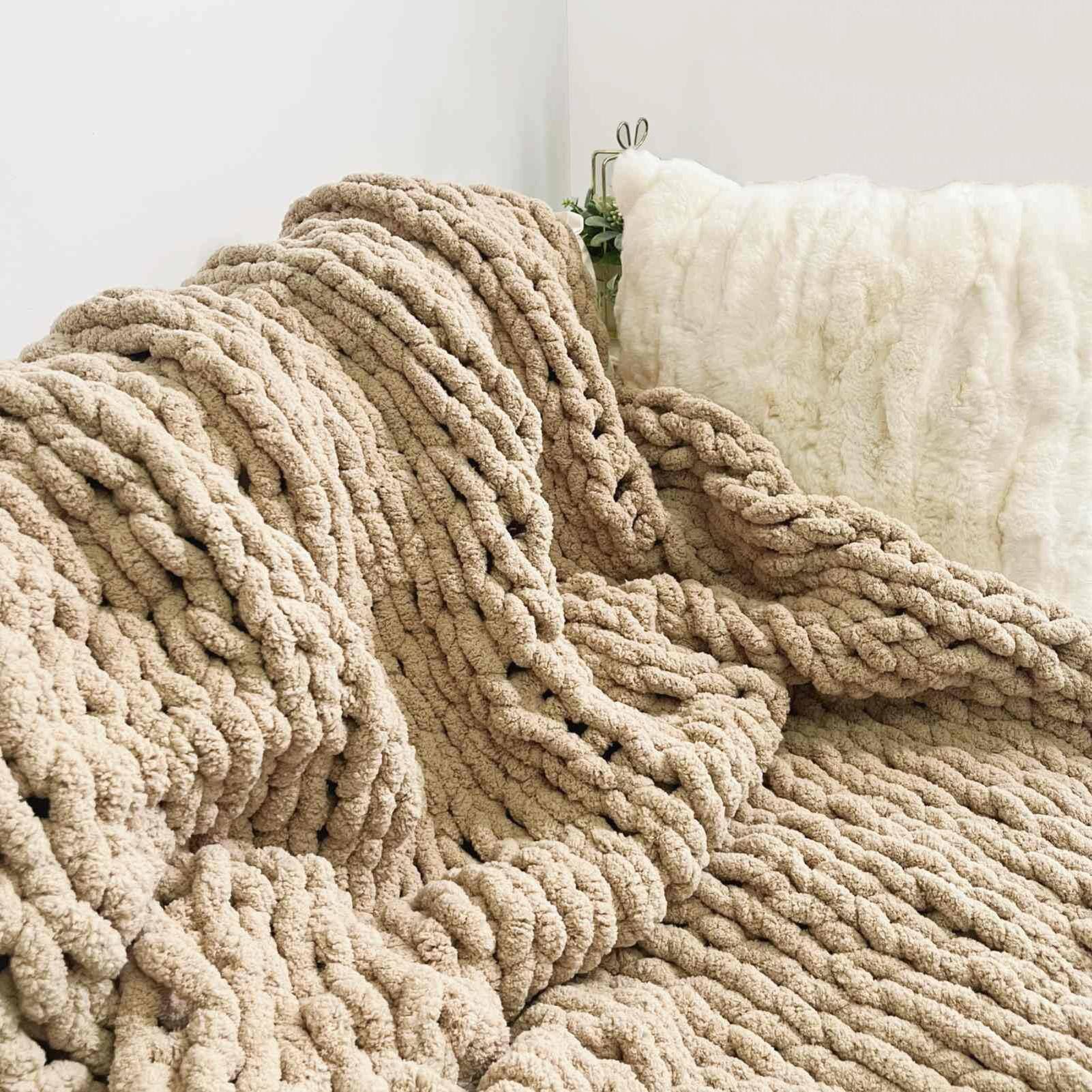 Alt View 3. Dapper Styles - Chunky Knit Blanket Throw 40 x60 Chenille Blankets Handmade Warm Cozy Couch Bed Home Decor Soft Breathable - Tan-40"x40"(Small Size Throw）.