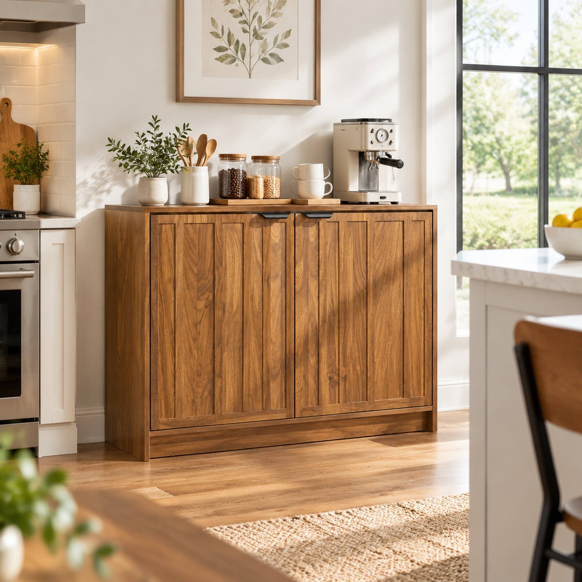 Angle. RYHNUYNE - Freestanding Farmhouse Sideboard Buffet Cabinet with Storage, Wood Coffee Bar Cabinet, Walnut, 31.5 Inch - Walnut.