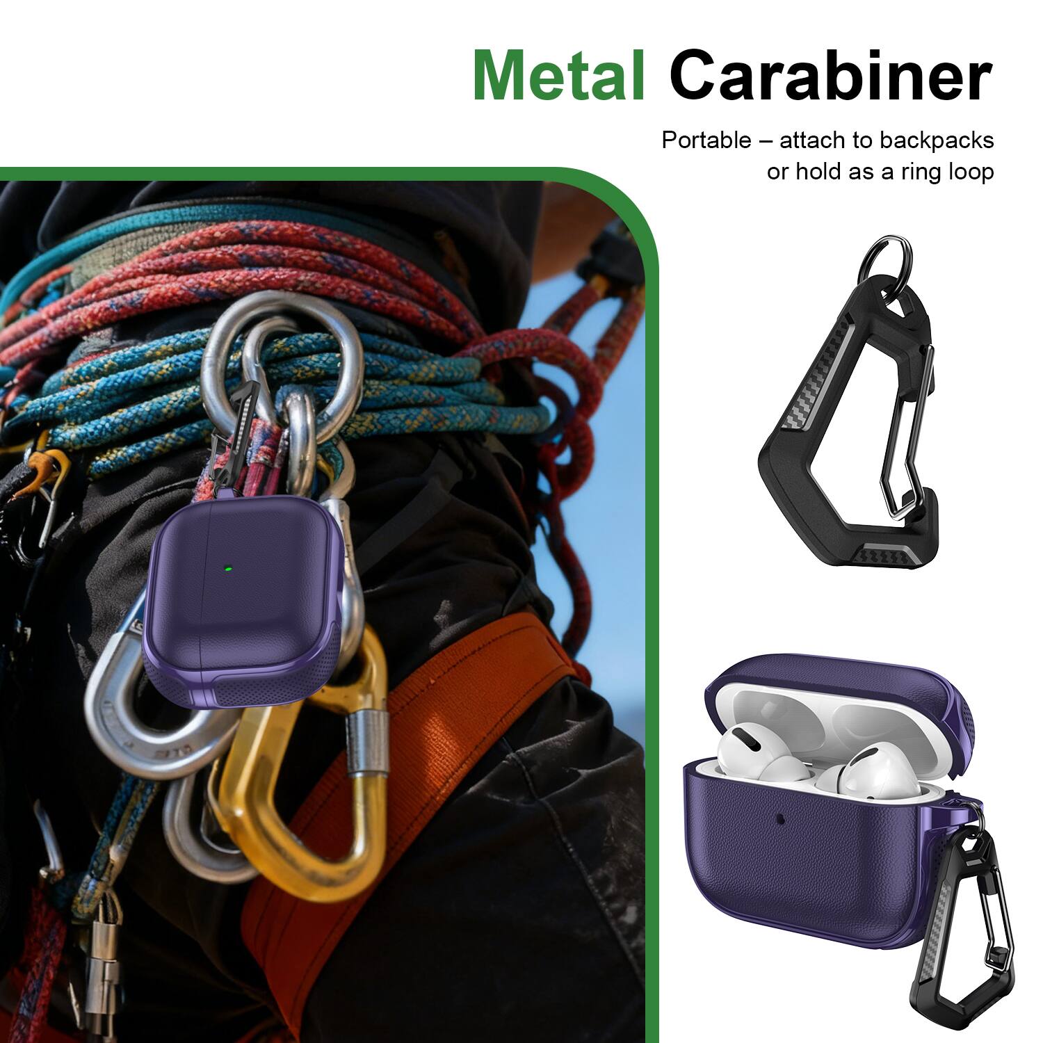 Metal Carabiner  
Portable – attach to backpacks or hold as a ring loop