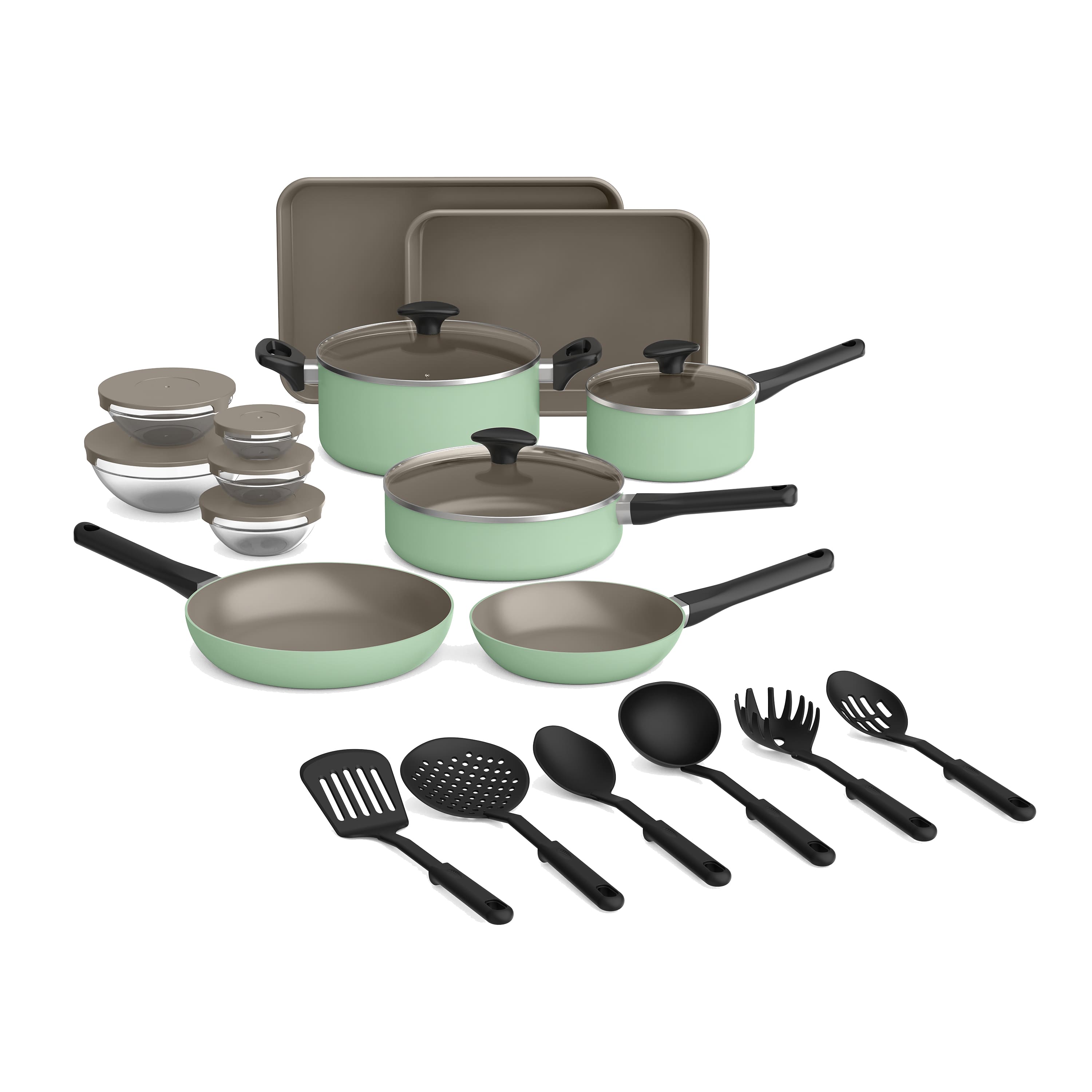Front. Bella - 21-Piece Ceramic Nonstick Cookware Set - Seaglass.