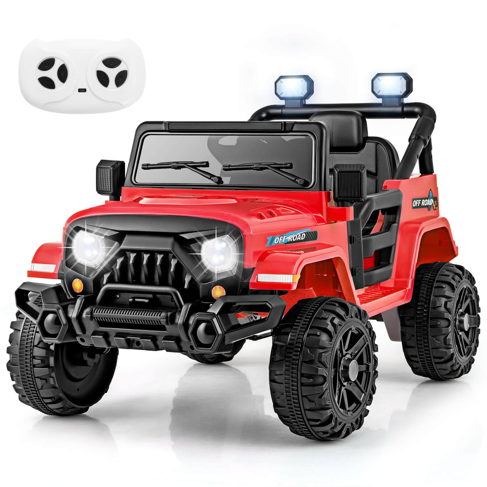 Costway - 12V Kids Ride on Truck Car w/Remote Control, Threaded Wheels 3 Speeds LED Lights - Red