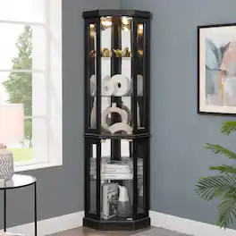 LUCKY ONE - 15.31in Freestanding Corner Curio Cabinet with Glass Shelves LED Light Display for Wine Bar Collectibles - Black