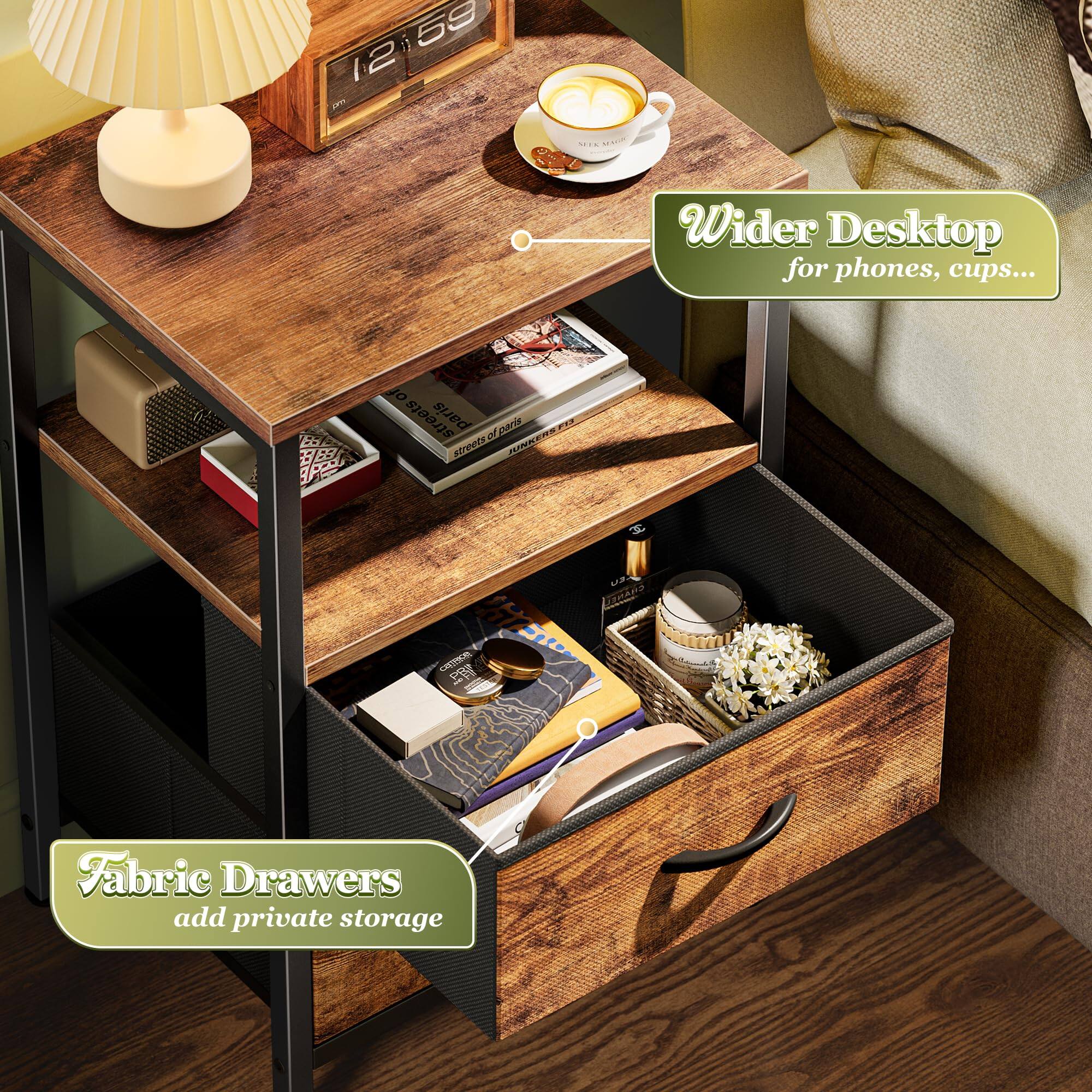 12:59

Wider Desktop for phones, cups...

Fabric Drawers add private storage