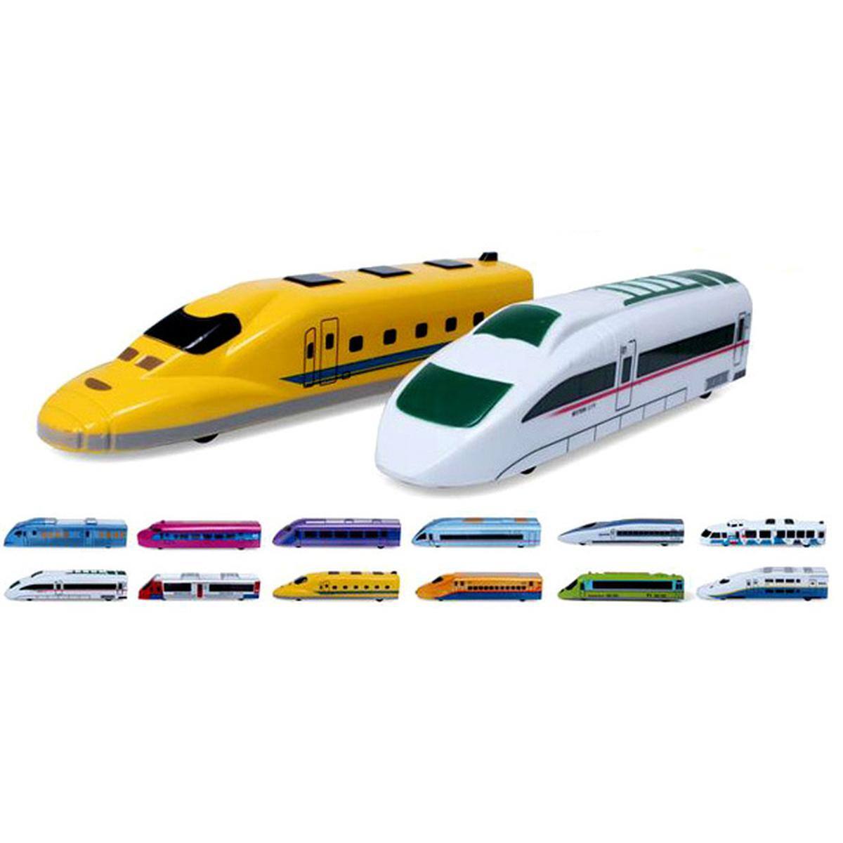 Front. JuzToys - 12pcs Assorted Bullet Train Toys – Pull Back Toy Vehicles High Speed Locomotives, Modern Express Train Set for Kids - Multi.