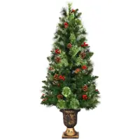Costway - 5ft Pre-Lit Christmas Entrance Tree In Urn w/100 LED Light Red Berries Pine Cone - Green - Front_Zoom