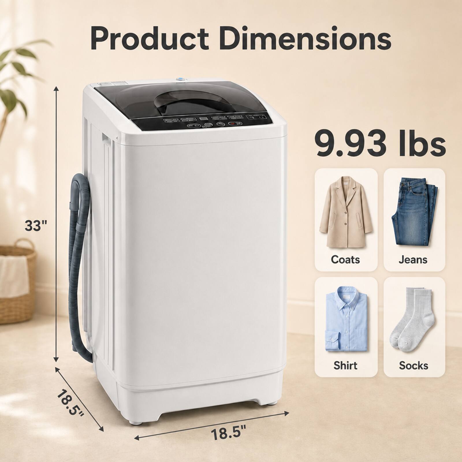 Product Dimensions  
9.93 lbs  
33"  
Coats  
Jeans  
18.5"  
18.5"  
Shirt  
Socks