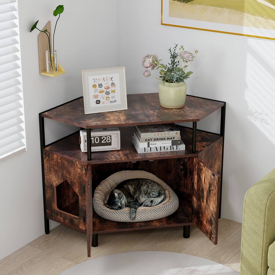 Gymax Corner Cat Litter Box Enclosure End Table w/ Open Shelf 2 Entries ...
