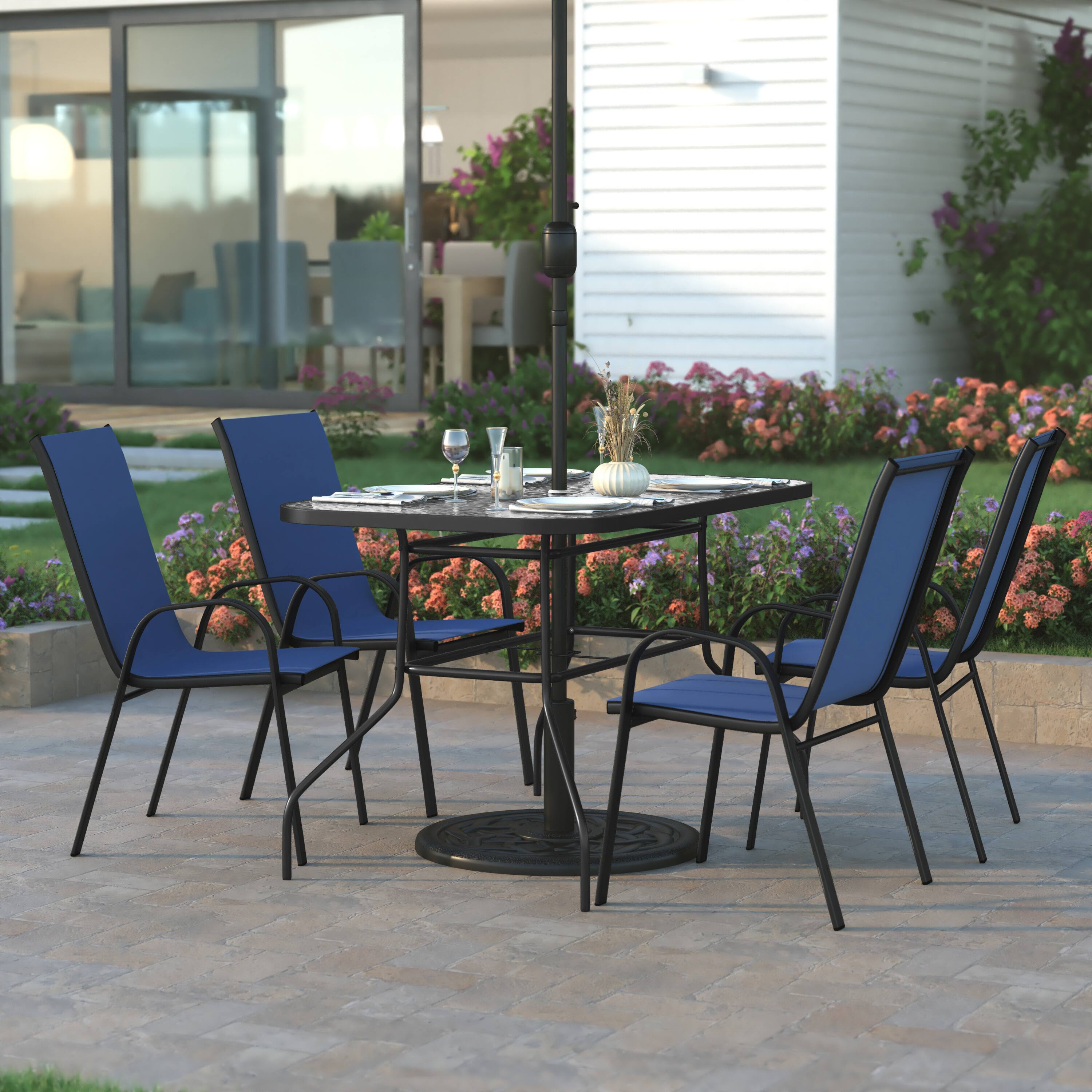 Alt View 1. Emma + Oliver - Bartlett 5 Piece Outdoor Dining Set with Tempered Glass Top Patio Table and 4 Flex Comfort Textilene Stacking Chairs - Navy.