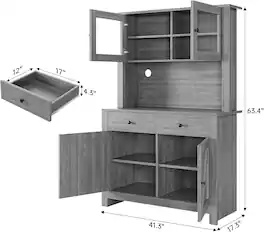 Homhougo - Grey Kitchen Pantry Cabinet, Microwave Stand & Coffee Bar, 4 Doors - Gray