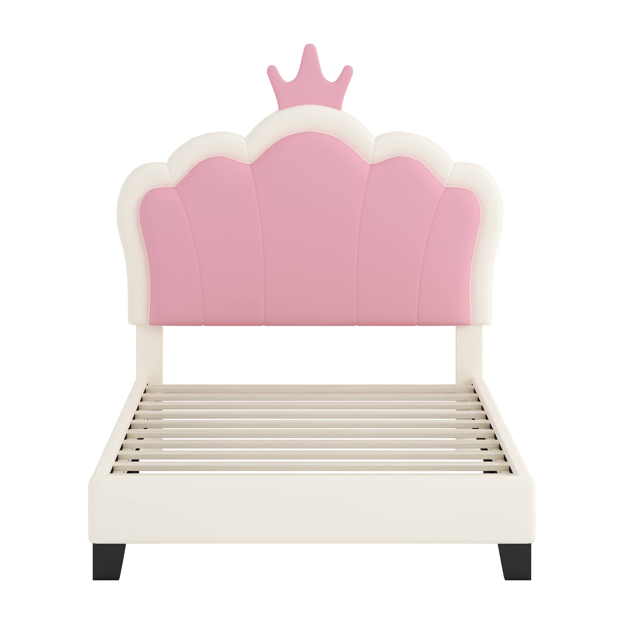 Alt View 2. GOODSILO - Twin Size Crown Headboard Upholstered Platform Bed with Headboard and Footboard for Girls Bedroom - Cream.