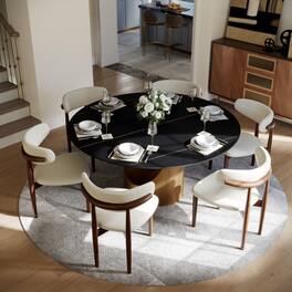 POVISON - 59" Modern Round Dining Table for 6, Black Matte Sintered Stone Table with Bronze U-shaped Steel Base - Black Matte Sintered Stone with Bronze Steel Base