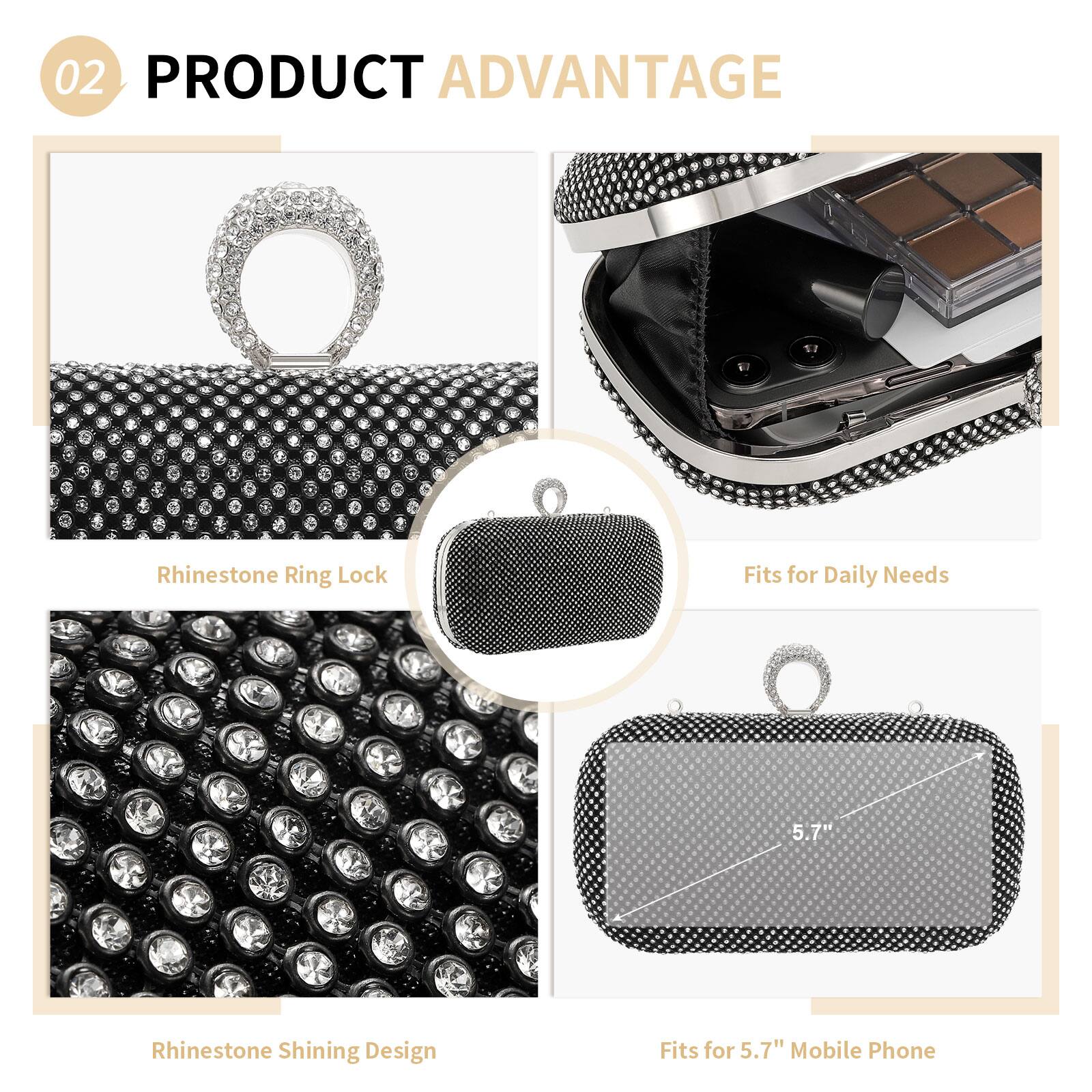02 PRODUCT ADVANTAGE

- Rhinestone Ring Lock
- Rhinestone Shining Design
- Fits for Daily Needs
- Fits for 5.7" Mobile Phone