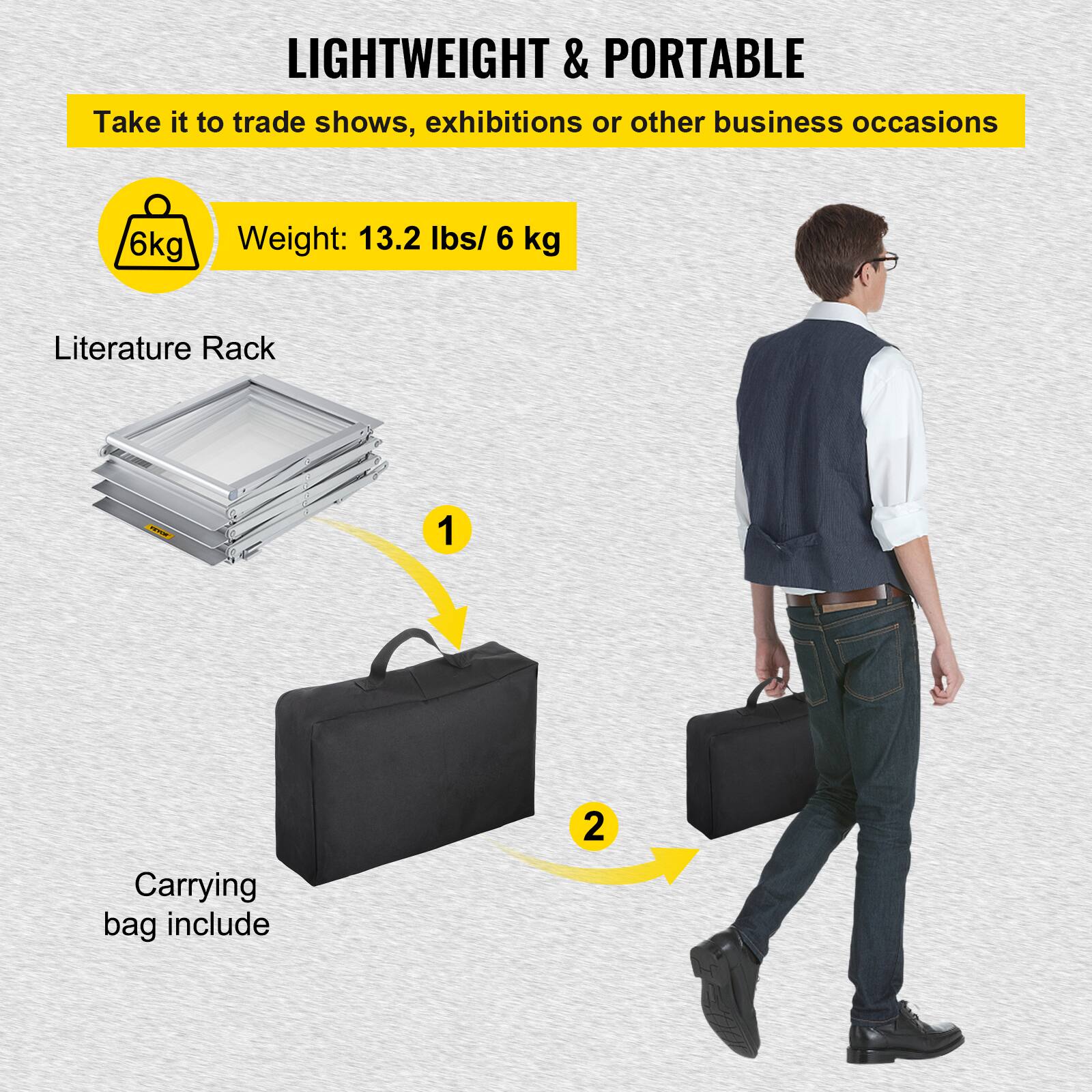 LIGHTWEIGHT & PORTABLE  
Take it to trade shows, exhibitions or other business occasions  

Weight: 13.2 lbs / 6 kg  

Literature Rack  

Carrying bag include