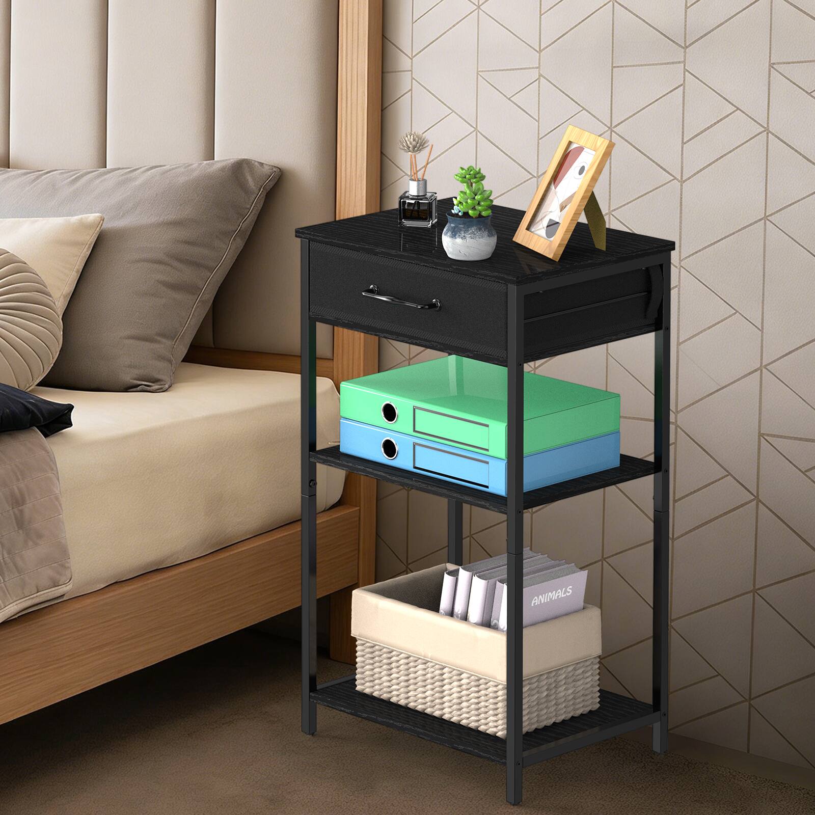 Angle. Oumilen - Black 3-Tier Printer Stand with Fabric Drawer & Open Shelves - Black.
