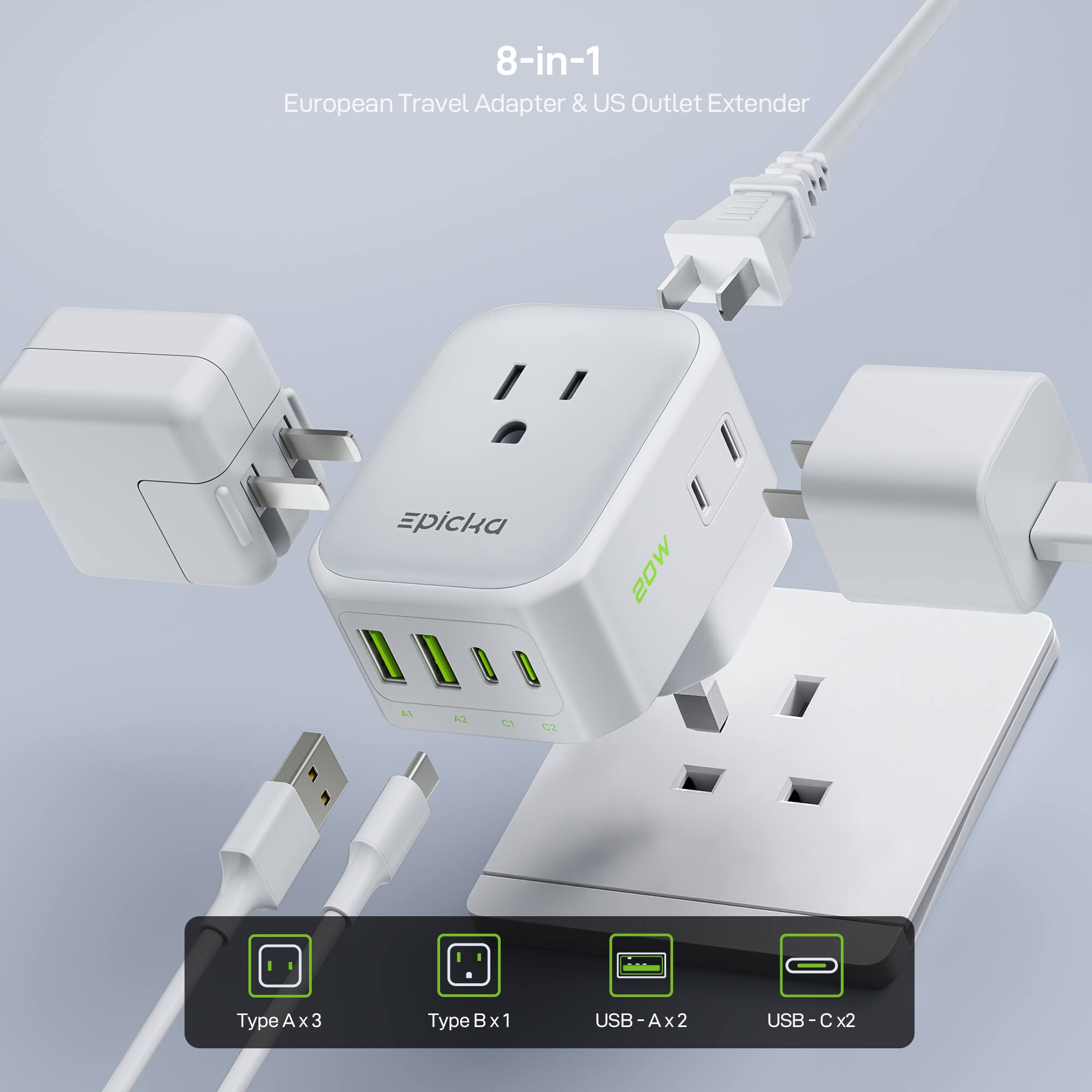 8-in-1  
European Travel Adapter & US Outlet Extender  

Epicka  
20W  

Type A x 3  
Type B x 1  
USB-A x 2  
USB-C x 2