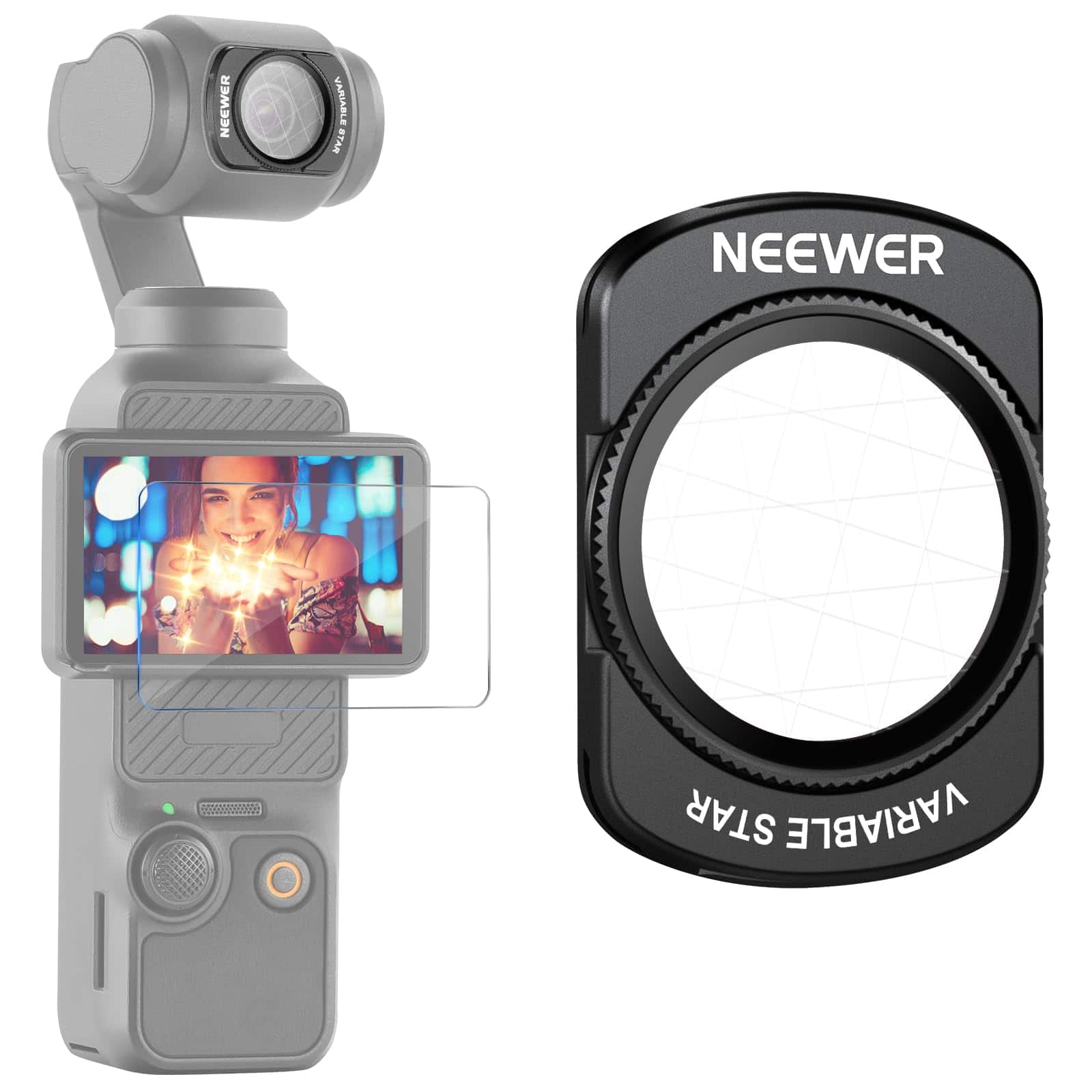 Neewer - Magnetic Adjustable 4/8 Point Star Filter for DJI Pocket 3, w/ Screen Protector, FL-C38