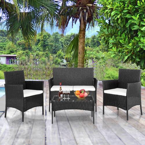 Alt View 10. Winado - 4PCS Patio Wicker Rattan Furniture Set, Conversation Set with Coffee Table, Chairs for In/Outdoor Yard Poolside Backyard - Black & White Cushion.