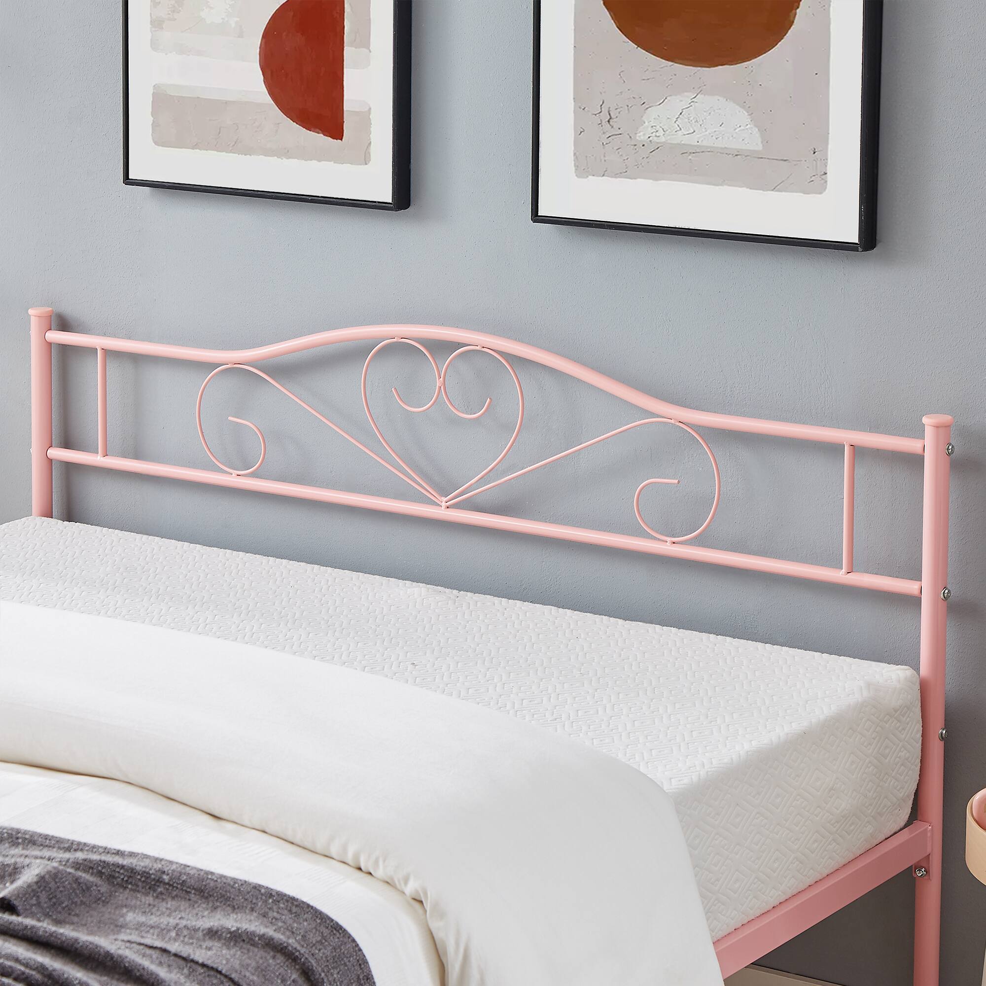 Left. Vecelo - 14" Queen Metal Bed Frame with Headboard&Footboard, Heavy Duty Steel Slats, No Box Spring, Pink-Easy Assembly - Pink.